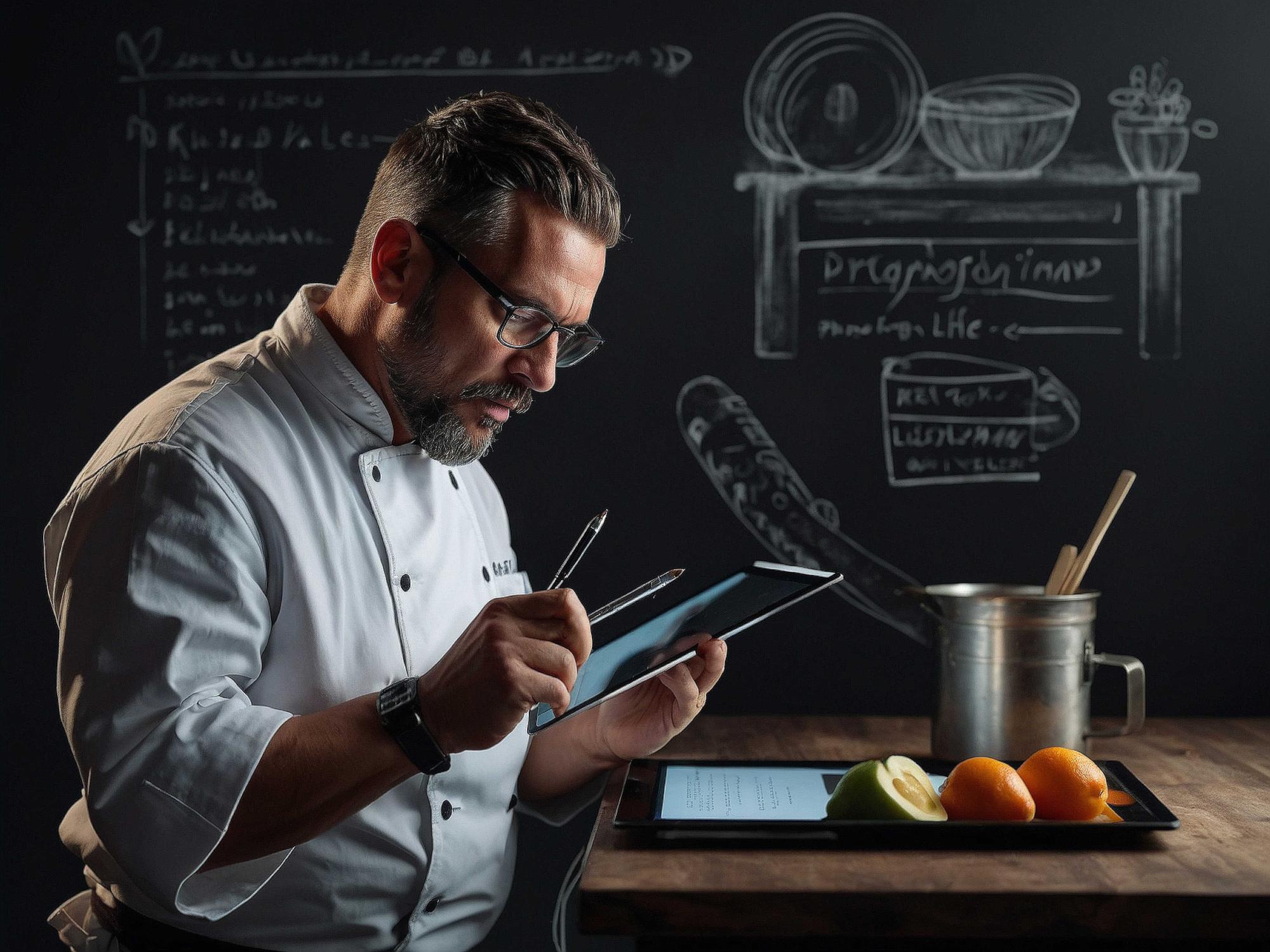 Founder chef writing a course outline in a luxury kitchen